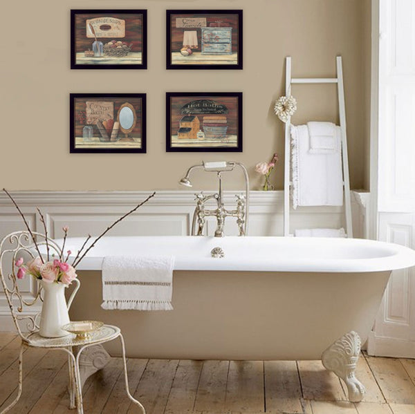 HomeRoots Set of Four Bathroom Art Prints | Contemporary Black Framed Wall Decor for Stylish Spaces 405621