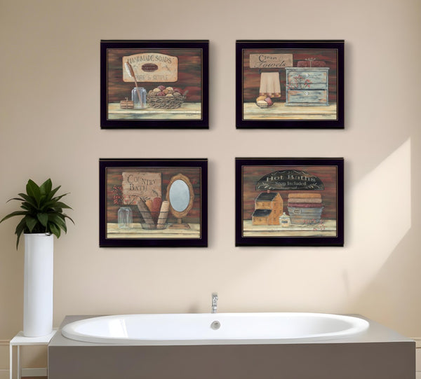 HomeRoots Set of Four Bathroom Art Prints | Contemporary Black Framed Wall Decor for Stylish Spaces 405621