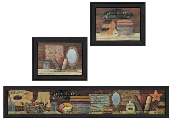 HomeRoots Set of Three Country Bath Prints - Rustic Black Framed Wall Art for Stylish Bathroom Décor Upgrade 405622