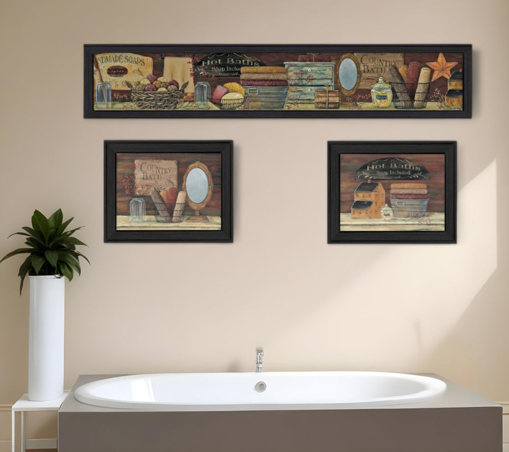 HomeRoots Set of Three Country Bath Prints - Rustic Black Framed Wall Art for Stylish Bathroom Décor Upgrade 405622