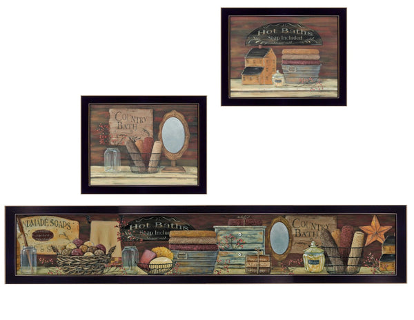 HomeRoots Set of Three COUNTRY BATH II Black Framed Prints - Rustic Wall Art for Stylish Bathroom Decor 405625