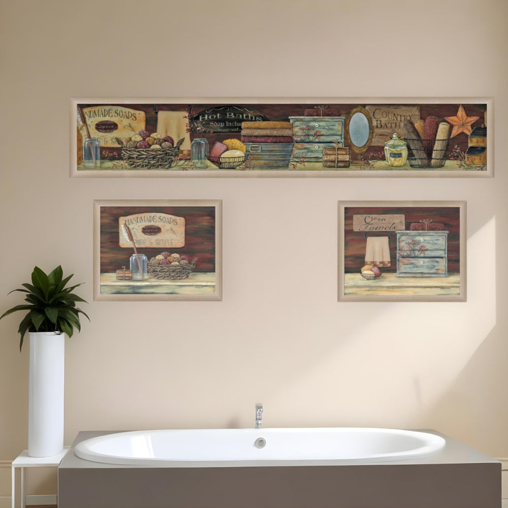HomeRoots Set of Three COUNTRY BATH II Framed Prints - Rustic Bathroom Wall Art for Cozy Home Decor Update 405627