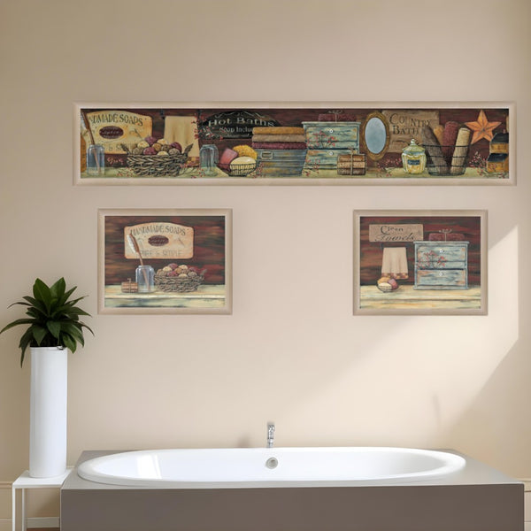 HomeRoots Set of Three COUNTRY BATH II Framed Prints - Rustic Bathroom Wall Art for Cozy Home Decor Update 405627