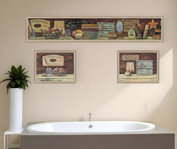 HomeRoots Set of Three Country Bath Prints - Rustic Brown Framed Wall Art for Bathroom & Home Décor 405633