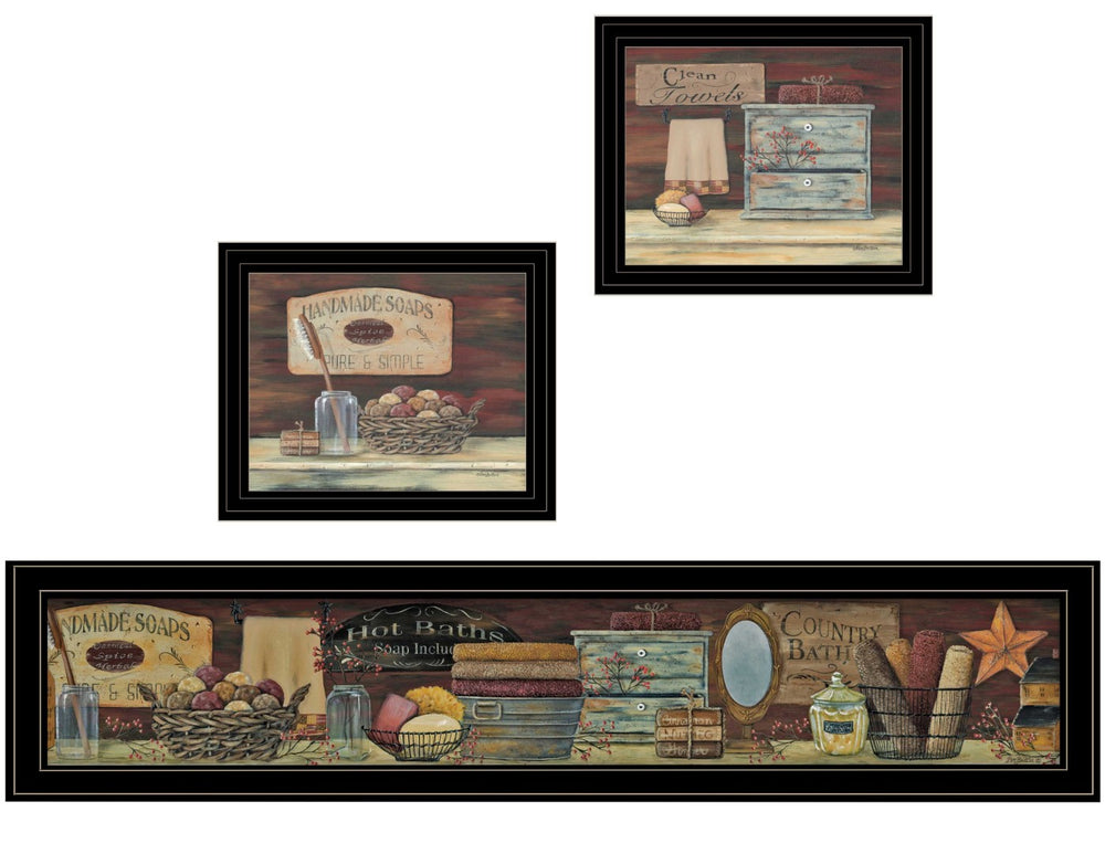 HomeRoots Set of Three COUNTRY BATH 1 2 Framed Prints - Rustic Wall Art for Modern Bathroom Décor Refresh 405634