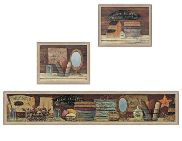 HomeRoots Set of Three Country Bath II Collection Framed Prints - Rustic Wall Art for Cozy Bathrooms & Living Spaces 405636
