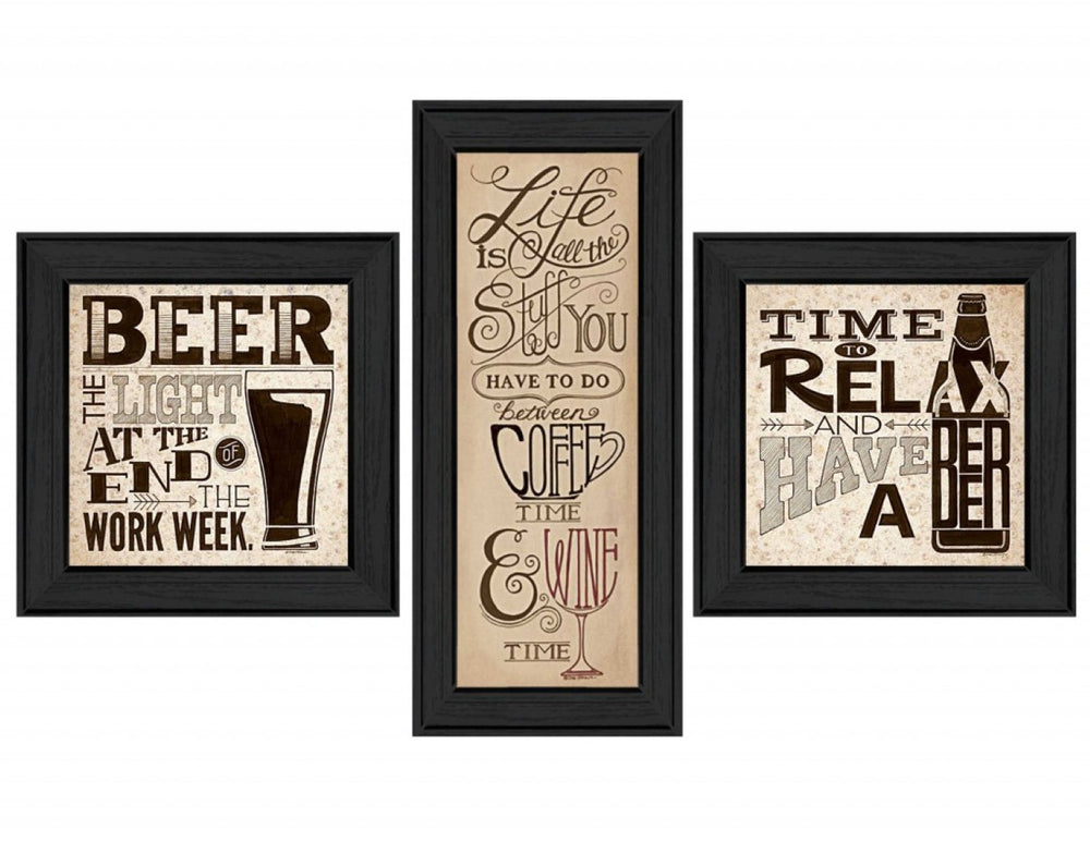 HomeRoots Set of Three Beer Time Black Framed Prints - Modern Wall Art for Stylish Home Bars & Kitchens 405653