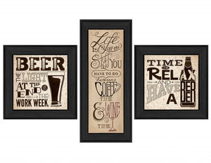HomeRoots Set of Three Beer Time Black Framed Prints - Modern Wall Art for Stylish Home Bars & Kitchens 405653