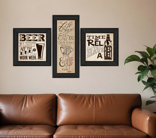 HomeRoots Set of Three Beer Time Black Framed Prints - Modern Wall Art for Stylish Home Bars & Kitchens 405653