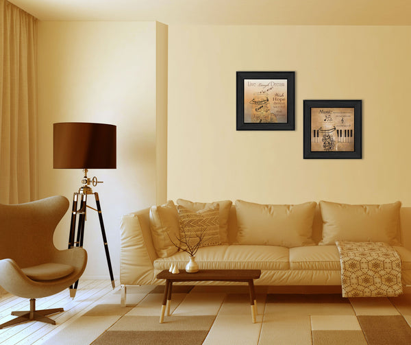 Homeroots Set Of Two Music 3 Black Framed Print Wall Art  Mdf Paper Print Texture 405661