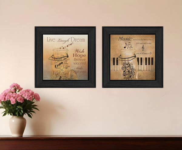 Homeroots Set Of Two Music 3 Black Framed Print Wall Art  Mdf Paper Print Texture 405661