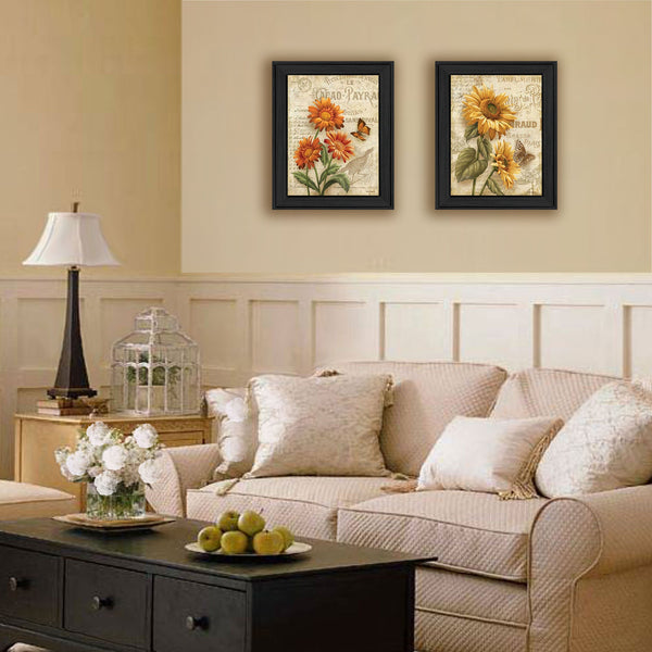 Homeroots Set Of Two Flowers 2 Black Framed Print Wall Art  Mdf Paper Print Texture 405663