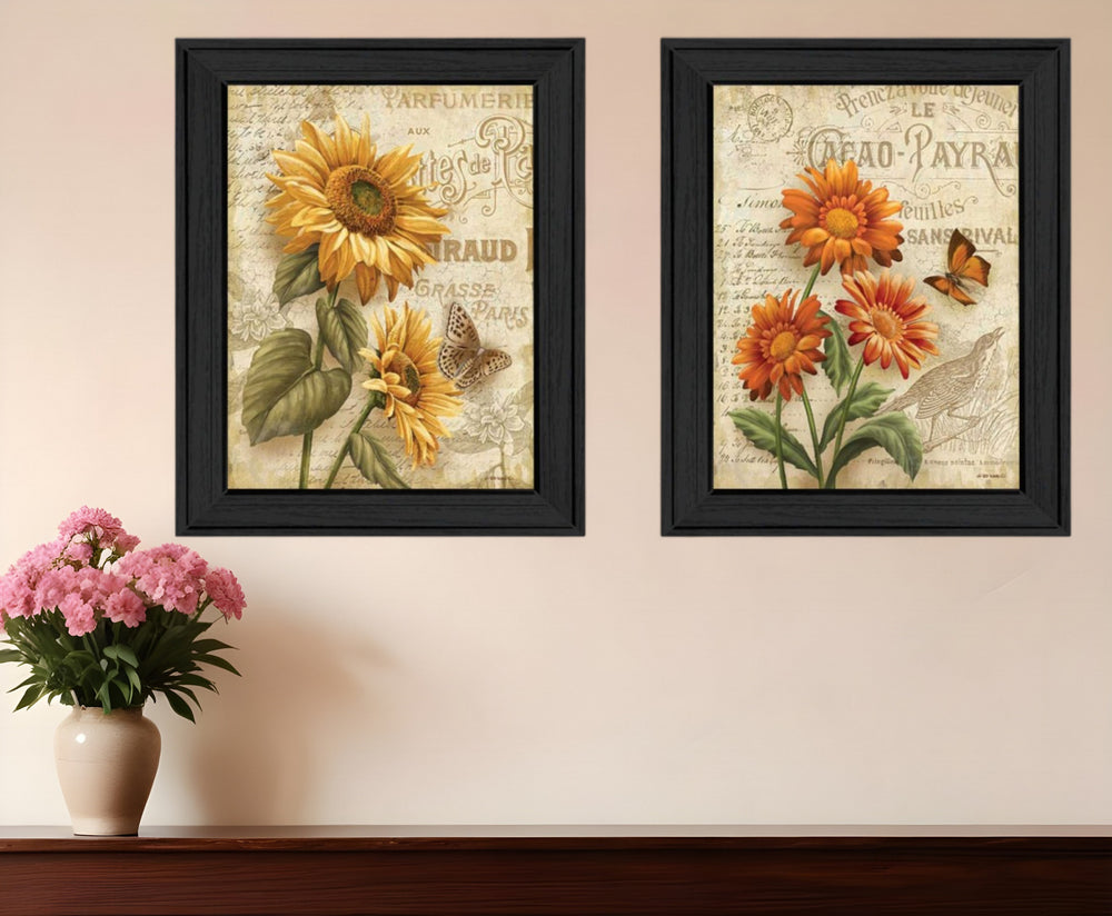 Homeroots Set Of Two Flowers 2 Black Framed Print Wall Art  Mdf Paper Print Texture 405663