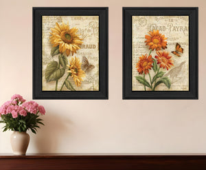 Homeroots Set Of Two Flowers 2 Black Framed Print Wall Art  Mdf Paper Print Texture 405663