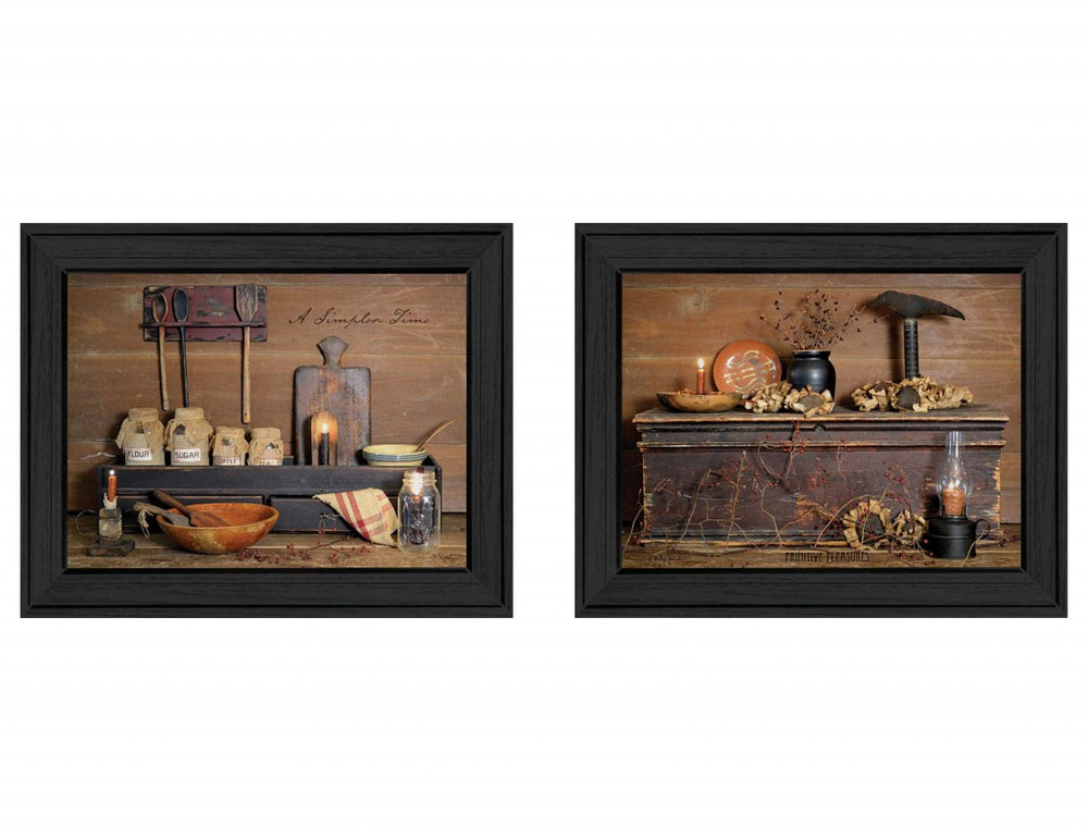 Homeroots Set Of Two Rustic Black Framed Print Wall Art  Mdf Paper Print Texture 405664