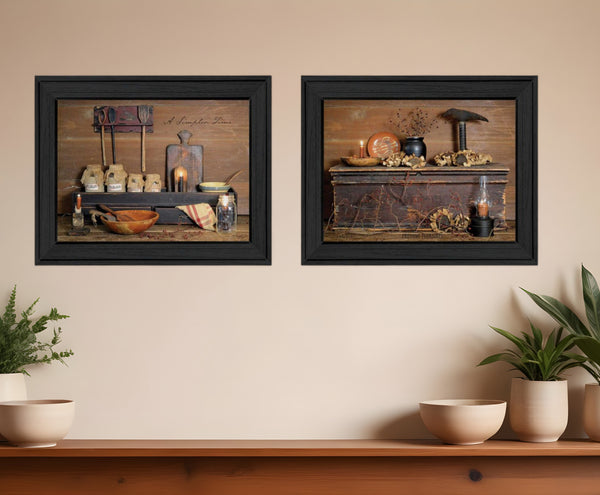 Homeroots Set Of Two Rustic Black Framed Print Wall Art  Mdf Paper Print Texture 405664