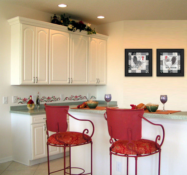 Homeroots Set Of Two Rooster I Black Framed Print Wall Art  Mdf Paper Print Texture 405682