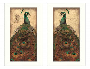 Homeroots Set Of Two Peacock 1 White Framed Print Wall Art  Mdf Paper Print Texture 405686