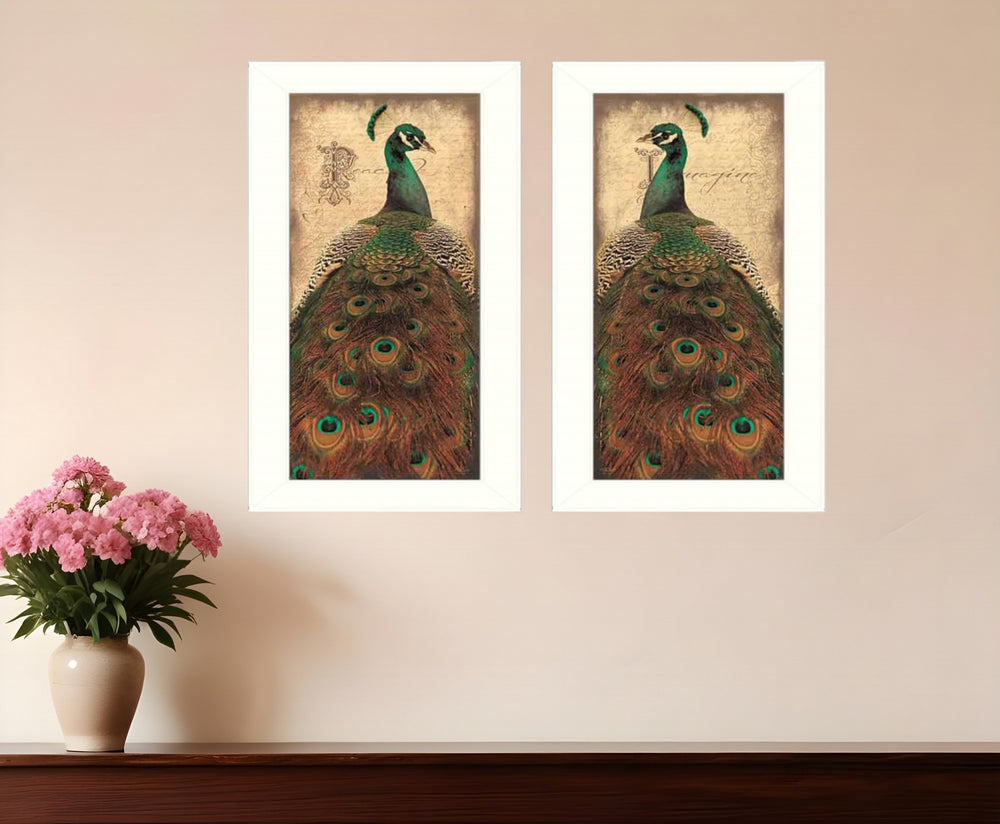 Homeroots Set Of Two Peacock 1 White Framed Print Wall Art  Mdf Paper Print Texture 405686