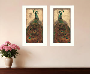 Homeroots Set Of Two Peacock 1 White Framed Print Wall Art  Mdf Paper Print Texture 405686