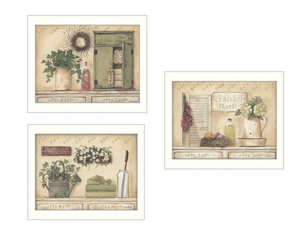 HomeRoots Set of Three Garden Bath Prints - Serene White Framed Botanical Wall Art for Elegant Bathrooms 405690