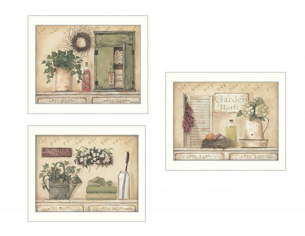 HomeRoots Set of Three Garden Bath Prints - Serene White Framed Botanical Wall Art for Elegant Bathrooms 405690