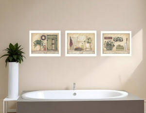 HomeRoots Set of Three Garden Bath Prints - Serene White Framed Botanical Wall Art for Elegant Bathrooms 405690