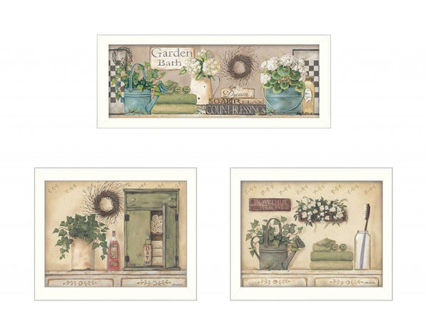 HomeRoots Set of Three Garden Bath Framed Prints - Stylish Wall Art for Modern Bathrooms & Hallways Decor 405691