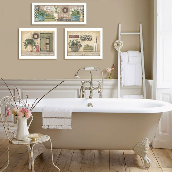 HomeRoots Set of Three Garden Bath Framed Prints - Stylish Wall Art for Modern Bathrooms & Hallways Decor 405691