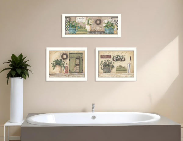 HomeRoots Set of Three Garden Bath Framed Prints - Stylish Wall Art for Modern Bathrooms & Hallways Decor 405691