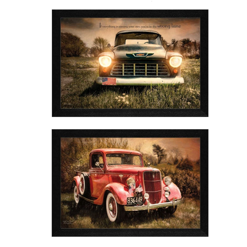 Homeroots Set Of Two Vintage Trucks Black Framed Print Wall Art  Mdf Paper Print Texture 405698