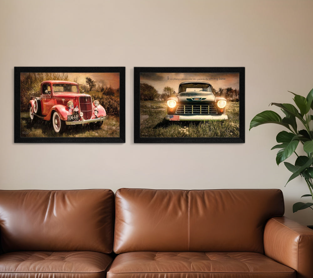Homeroots Set Of Two Vintage Trucks Black Framed Print Wall Art  Mdf Paper Print Texture 405698