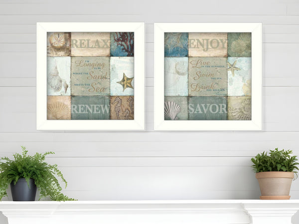 Homeroots Set Of Two Sunshine Sand And Sea White Framed Print Wall Art  Mdf Paper Print Texture 405706
