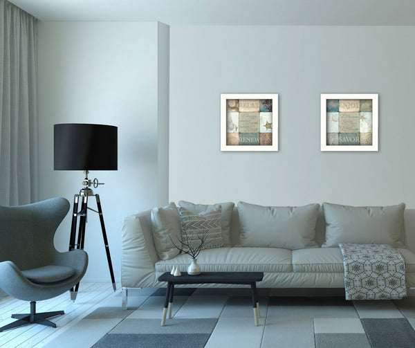 Homeroots Set Of Two Sunshine Sand And Sea White Framed Print Wall Art  Mdf Paper Print Texture 405706