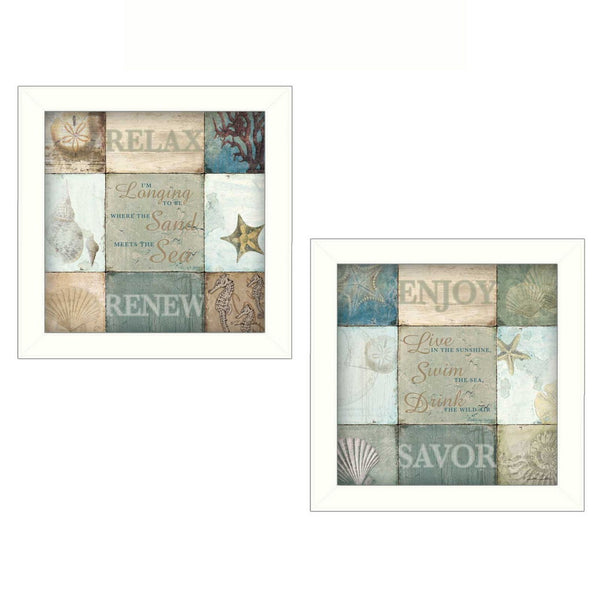 Homeroots Set Of Two Sunshine Sand And Sea White Framed Print Wall Art  Mdf Paper Print Texture 405706