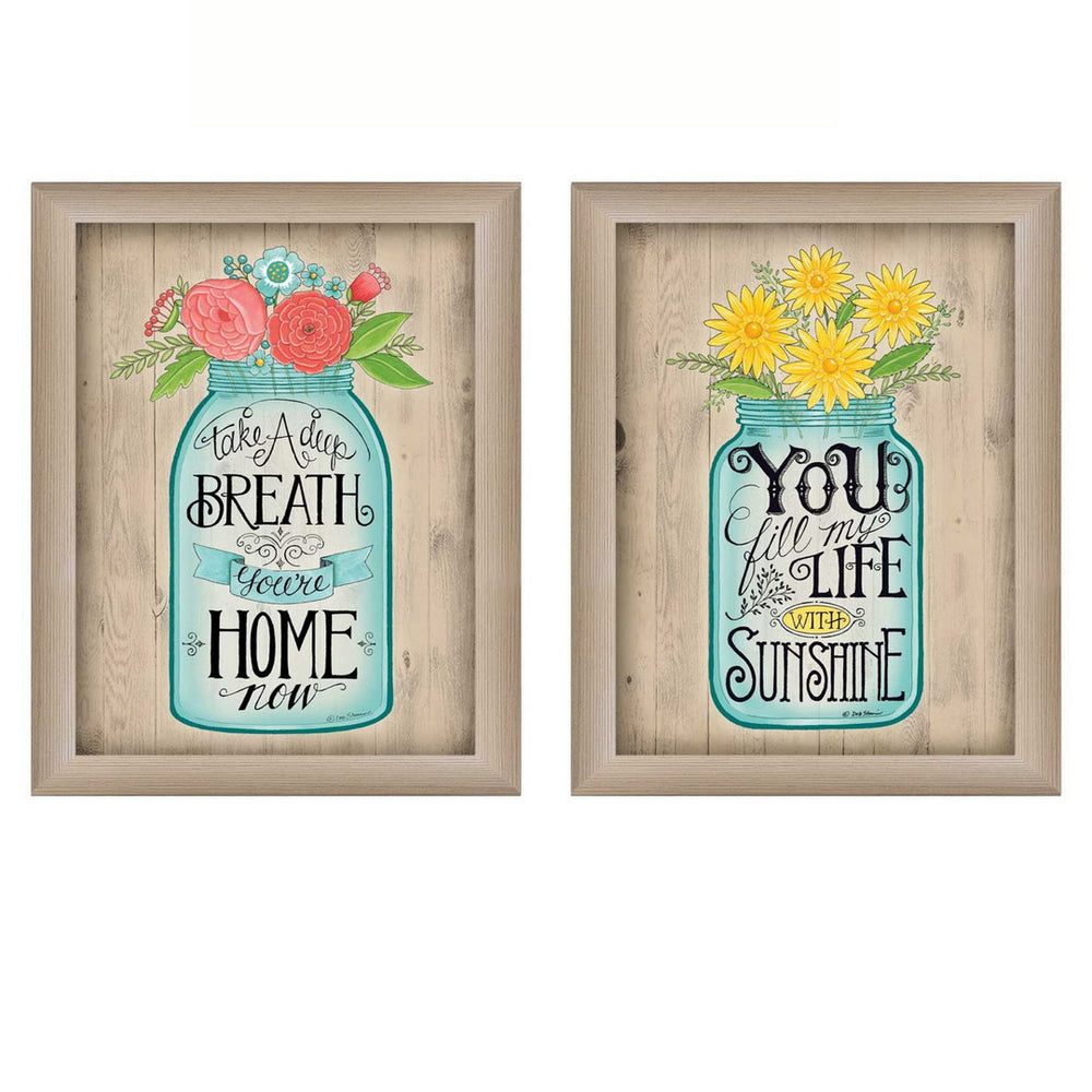 Homeroots Set Of Two Mason Jars Floral Brown Framed Print Wall Art  Mdf Paper Print Texture 405708