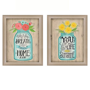 Homeroots Set Of Two Mason Jars Floral Brown Framed Print Wall Art  Mdf Paper Print Texture 405708