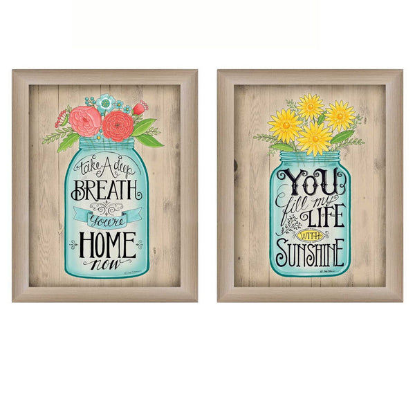 Homeroots Set Of Two Mason Jars Floral Brown Framed Print Wall Art  Mdf Paper Print Texture 405708