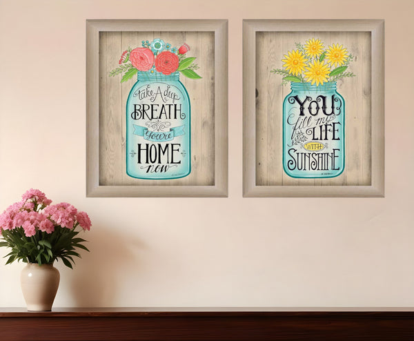 Homeroots Set Of Two Mason Jars Floral Brown Framed Print Wall Art  Mdf Paper Print Texture 405708