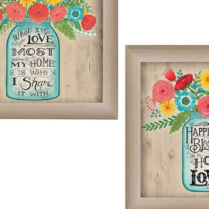 Homeroots Set Of Two Mason Jar Floral Happiness At Home Brown Framed Print Wall Art  Mdf Paper Print Texture 405709