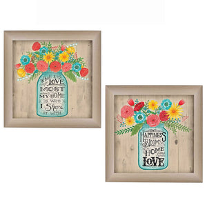 Homeroots Set Of Two Mason Jar Floral Happiness At Home Brown Framed Print Wall Art  Mdf Paper Print Texture 405709