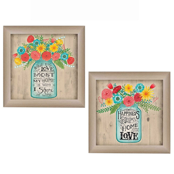 Homeroots Set Of Two Mason Jar Floral Happiness At Home Brown Framed Print Wall Art  Mdf Paper Print Texture 405709