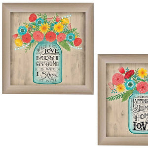 Homeroots Set Of Two Mason Jar Floral Happiness At Home Brown Framed Print Wall Art  Mdf Paper Print Texture 405709