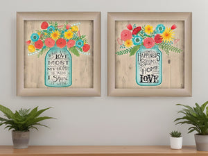 Homeroots Set Of Two Mason Jar Floral Happiness At Home Brown Framed Print Wall Art  Mdf Paper Print Texture 405709