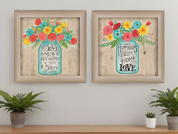 Homeroots Set Of Two Mason Jar Floral Happiness At Home Brown Framed Print Wall Art  Mdf Paper Print Texture 405709