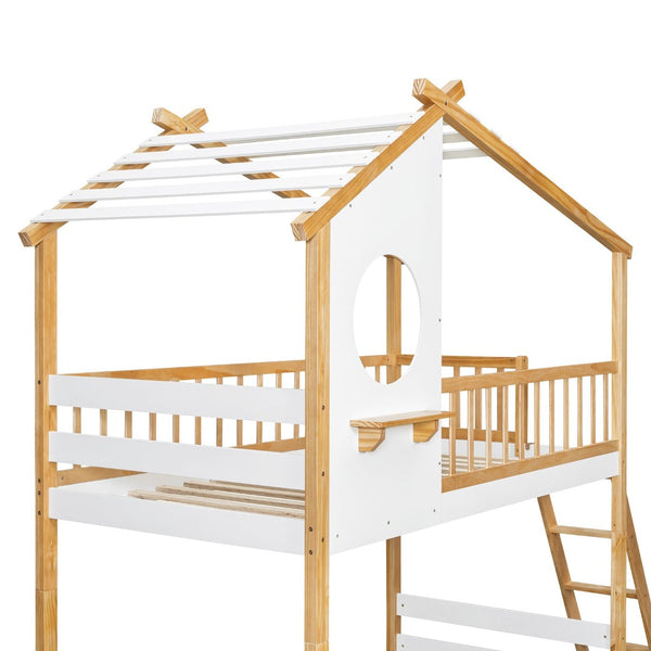 English Elm Twin Over Playhouse Bunk Bed Pinewood Fort Design with Roof and Safety Rails LT100008AAN-3