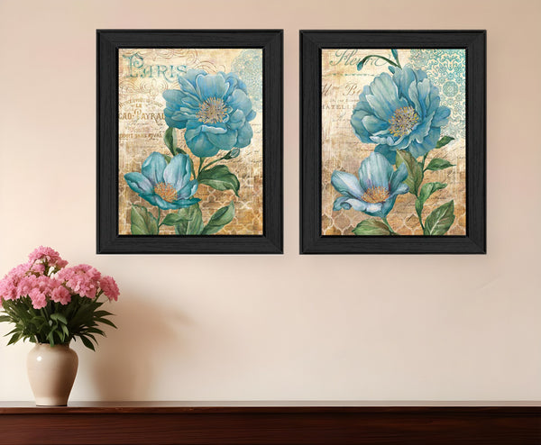 Homeroots Set Of Two Paris Floral Postcard Black Framed Print Wall Art  Mdf Paper Print Texture 405711