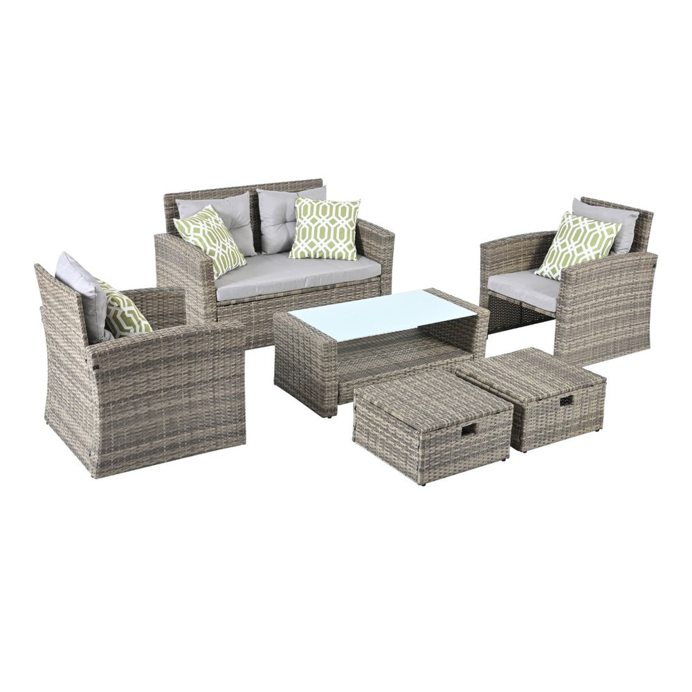 English Elm Patio 6-Piece Pe Wicker Furniture Set With Glass Coffee Table - Stylish Outdoor Seating For Any Space W1703S00020-GIGA