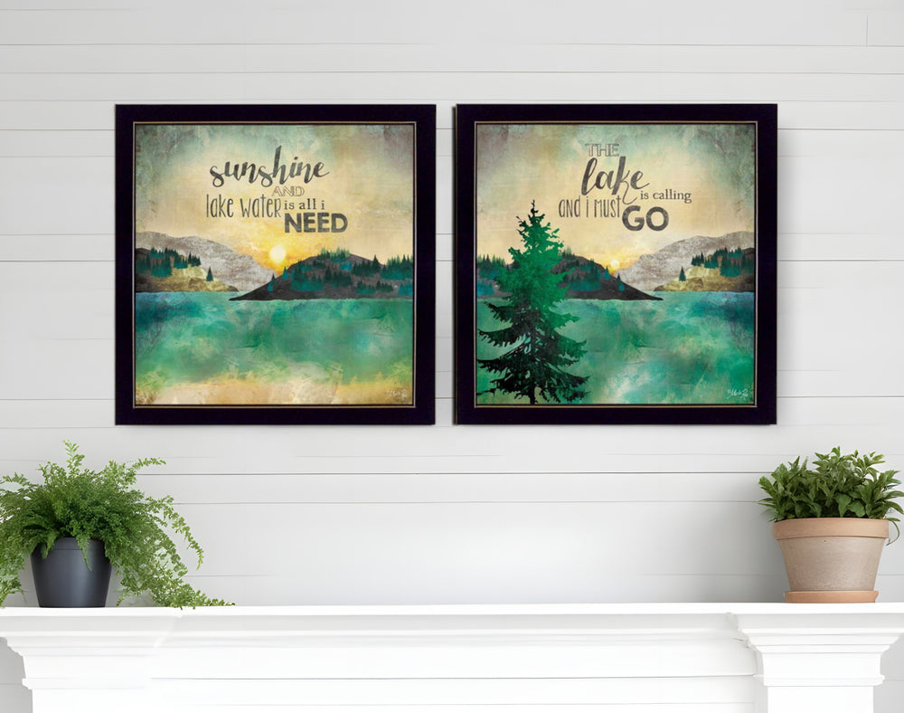 Homeroots Set Of Two The Lake Is Calling Black Framed Print Wall Art  Mdf Paper Print Texture 405714