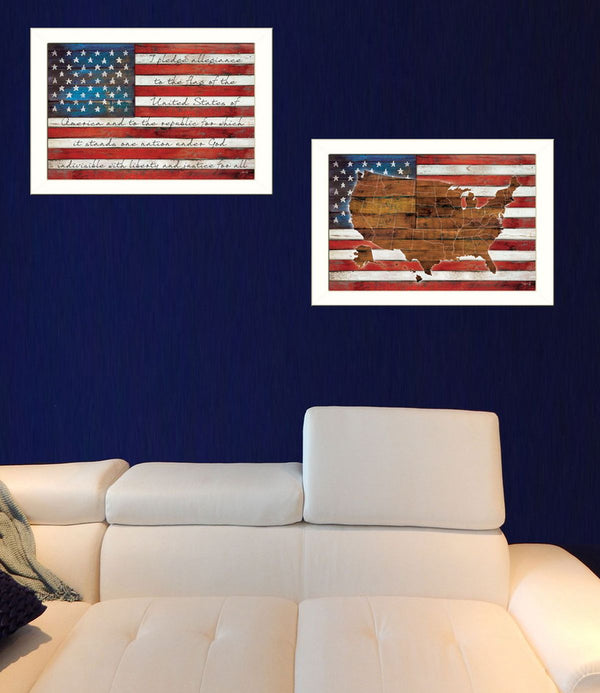 Homeroots Set Of Two American Flags White Framed Print Wall Art  Mdf Paper Print Texture 405721